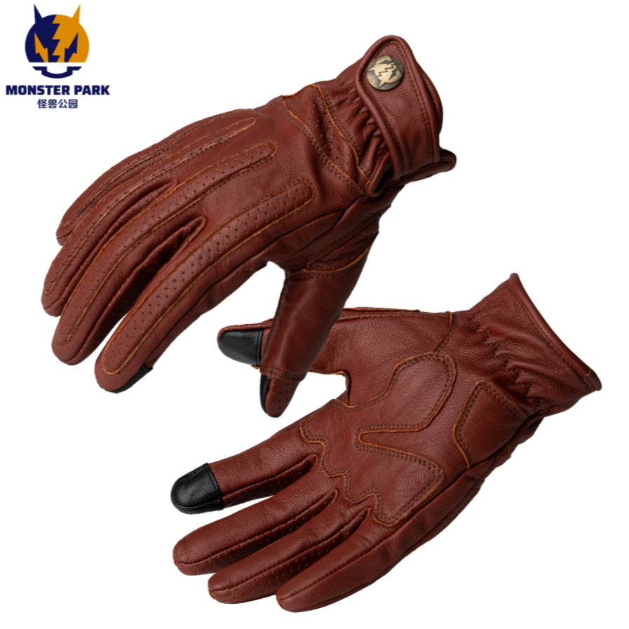 怪兽公园摩托车复古手套男机车真皮防摔哈雷骑行手套春夏透气女
