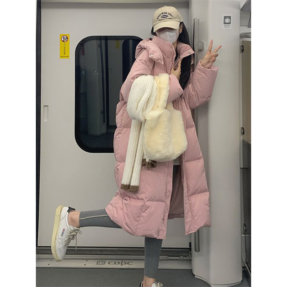 波司登粉色面包羽绒服女2023冬季新款温柔风加厚保暖中长款过膝连