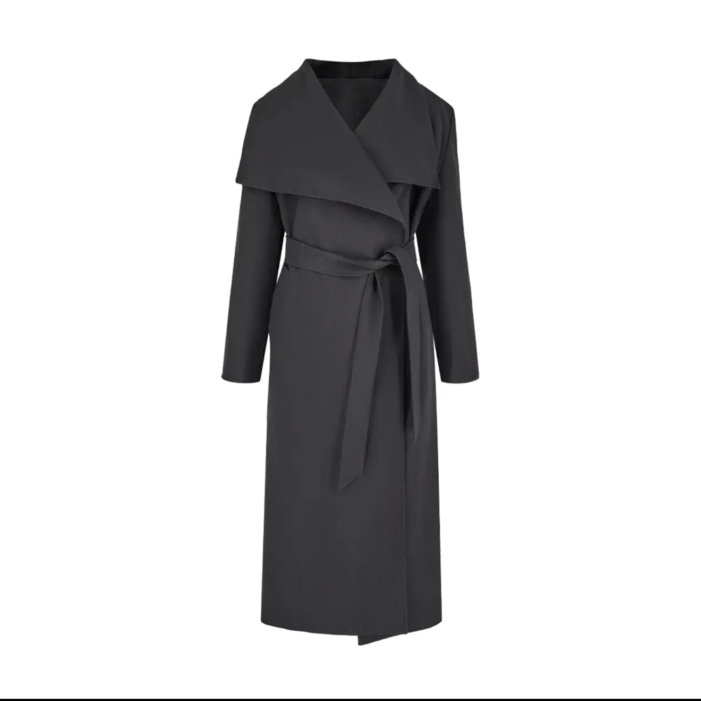 大衣！原创廓形十足堆领设计呢子大衣显瘦中长款系带呢大衣女黑色