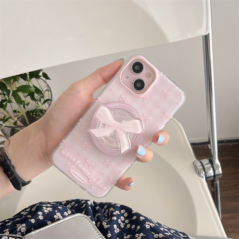 粉色格纹蝴蝶结磁吸支架适用iphone17Promax苹果16手机壳15磨砂