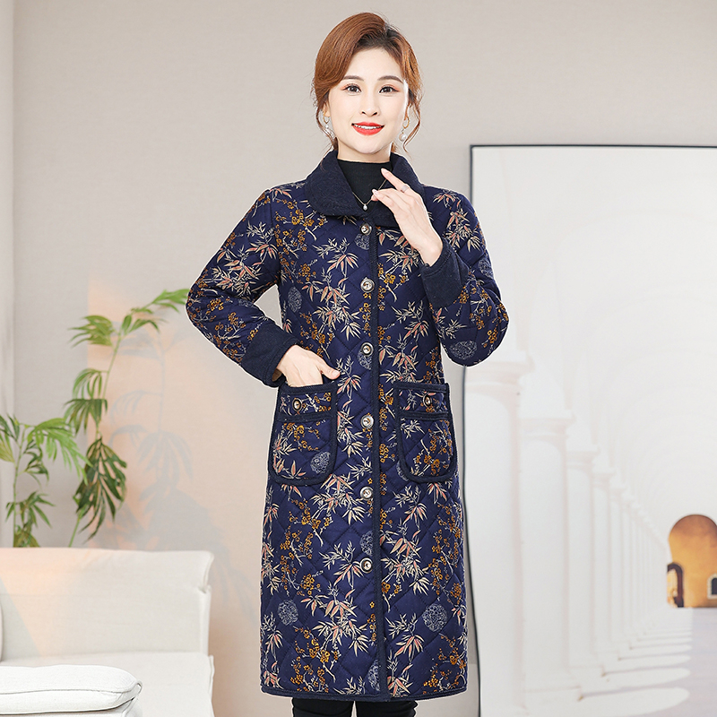 冬季妈妈装新款棉衣时尚加绒翻领中长款休闲保暖冬季中老年棉服女