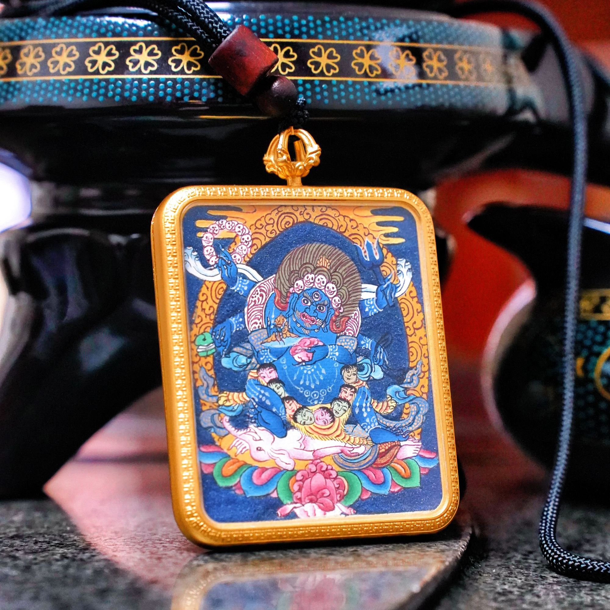 纯手绘唐卡西藏大黑天吊坠粗矿料矿物质颜料挂坠