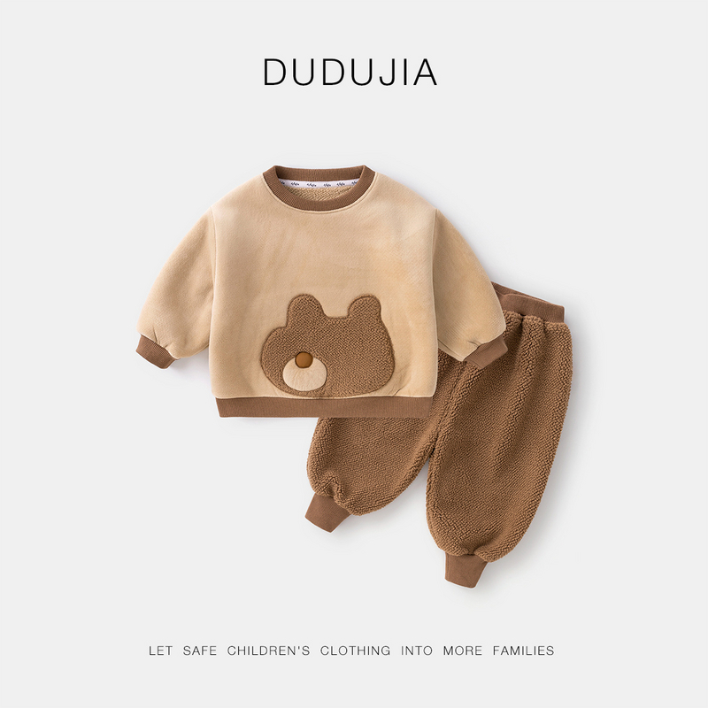 【清】宝宝卡通加绒运动套装女童套头男童卫裤儿童保暖两件-卡其色
