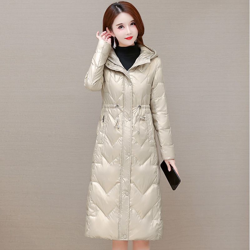 纯色时尚系带减龄中长款保暖羽绒服2023冬季新款修身显瘦防寒外套
