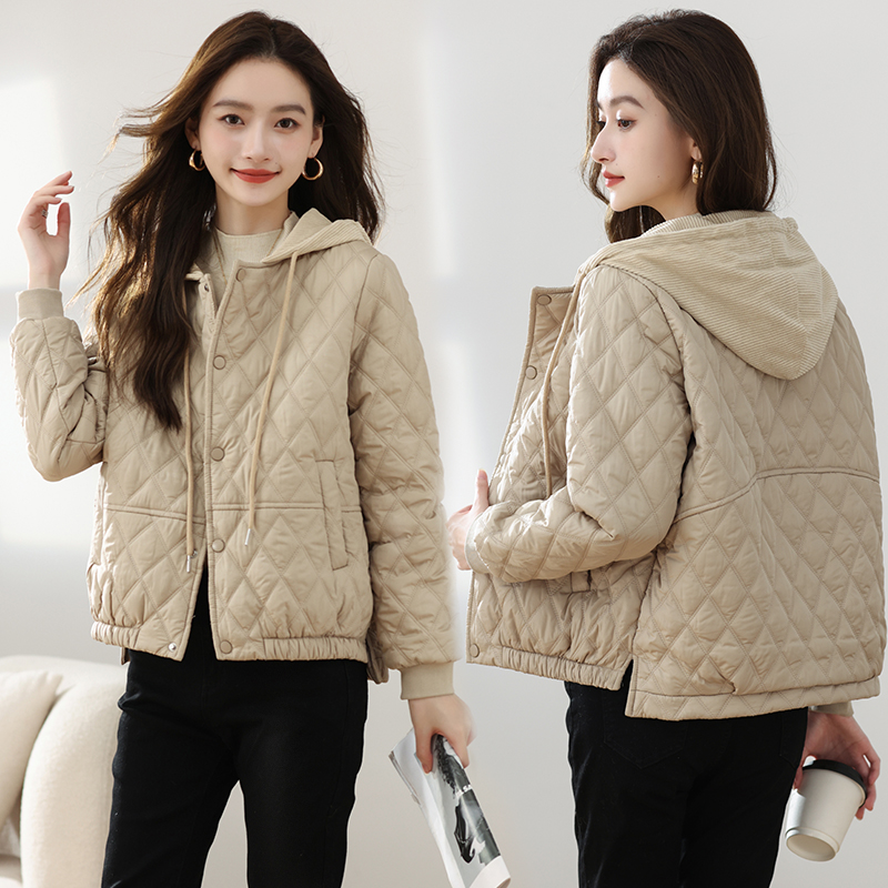 菱形格棉服女短款2025秋冬新款时尚百搭保暖连帽小个子棉衣女外套