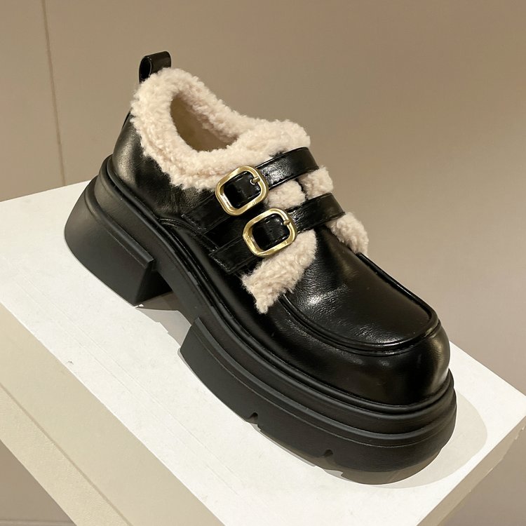 女鞋皮鞋单鞋百搭厚底加绒短靴秋冬圆头保暖棉鞋女2023年新款冬季