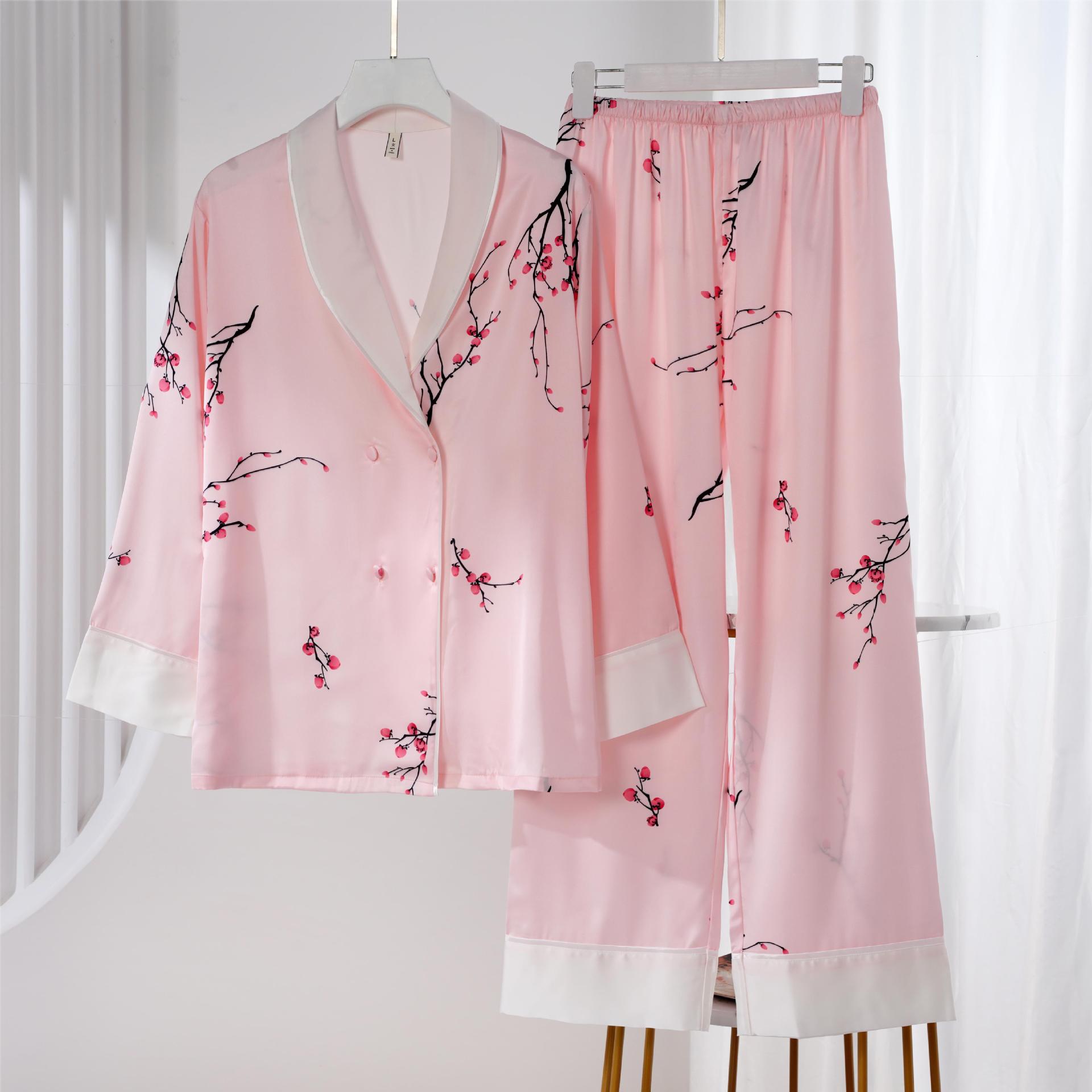 【801-813】轻奢女士夏季凉感软丝印花薄款宽松套装长袖家居服睡衣