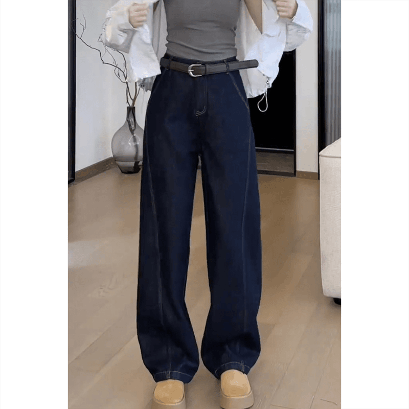 深蓝弯刀阔腿加绒牛仔裤女2025秋冬新款高腰显瘦小个子直筒拖地裤