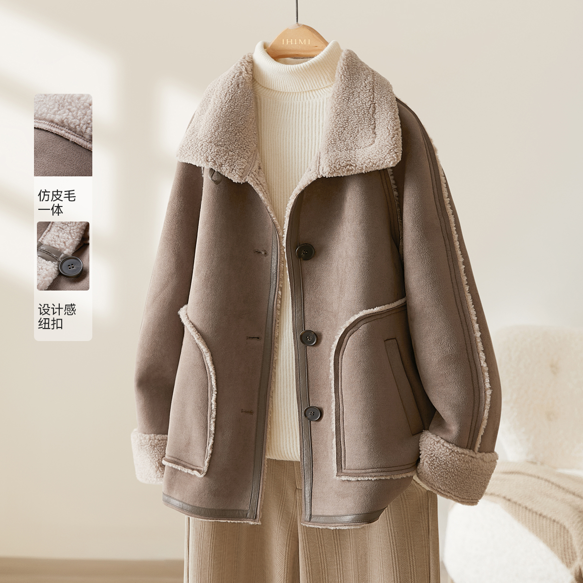 IHIMI/海谧仿皮毛一体立领加厚外套减龄24冬季女款小个子保暖外套