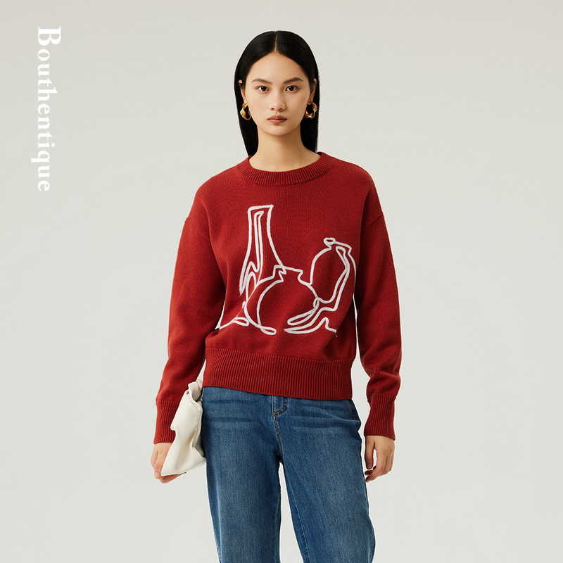 Bouthentique【新年战衣】100%绵羊毛手摇绣花圆领毛衣223421F2Z20