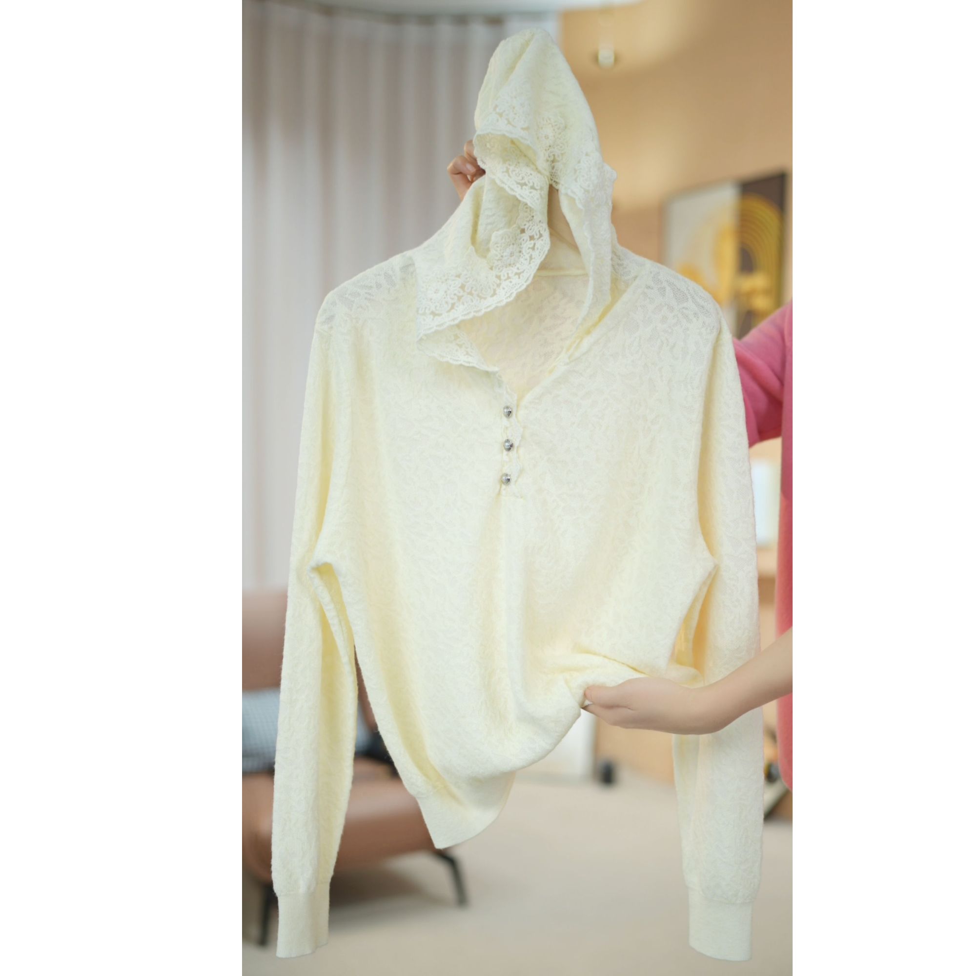 秋冬新款蕾丝羊毛连帽针织百搭长袖打底帽衫