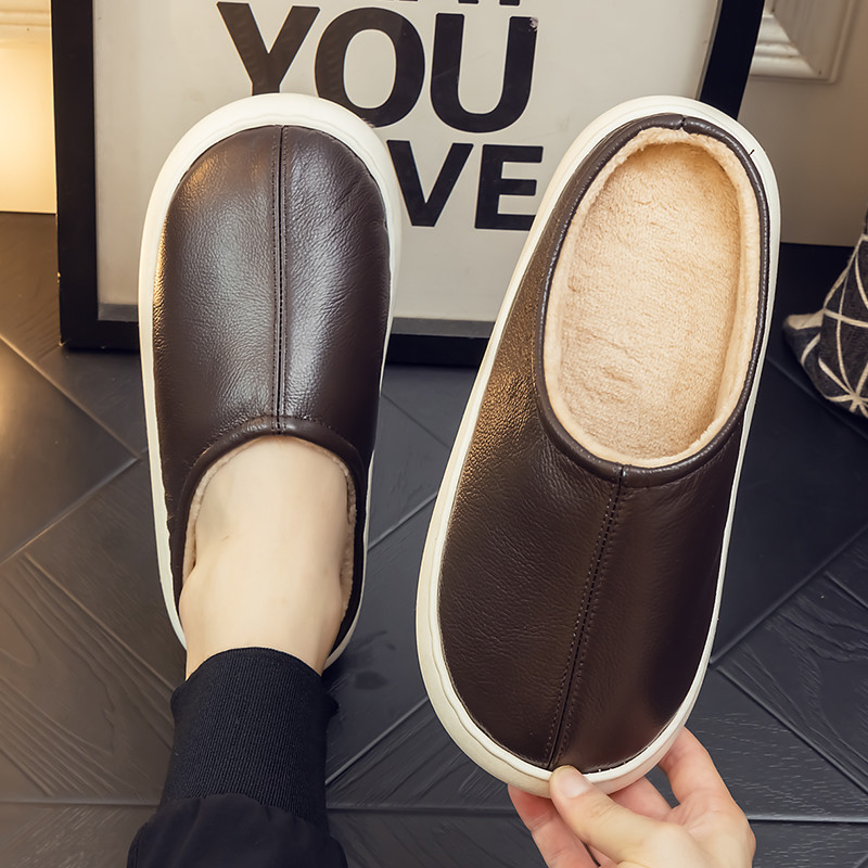 秋冬季家居真皮牛皮防水棉拖鞋男女通用家用室内加绒厚底防滑耐磨