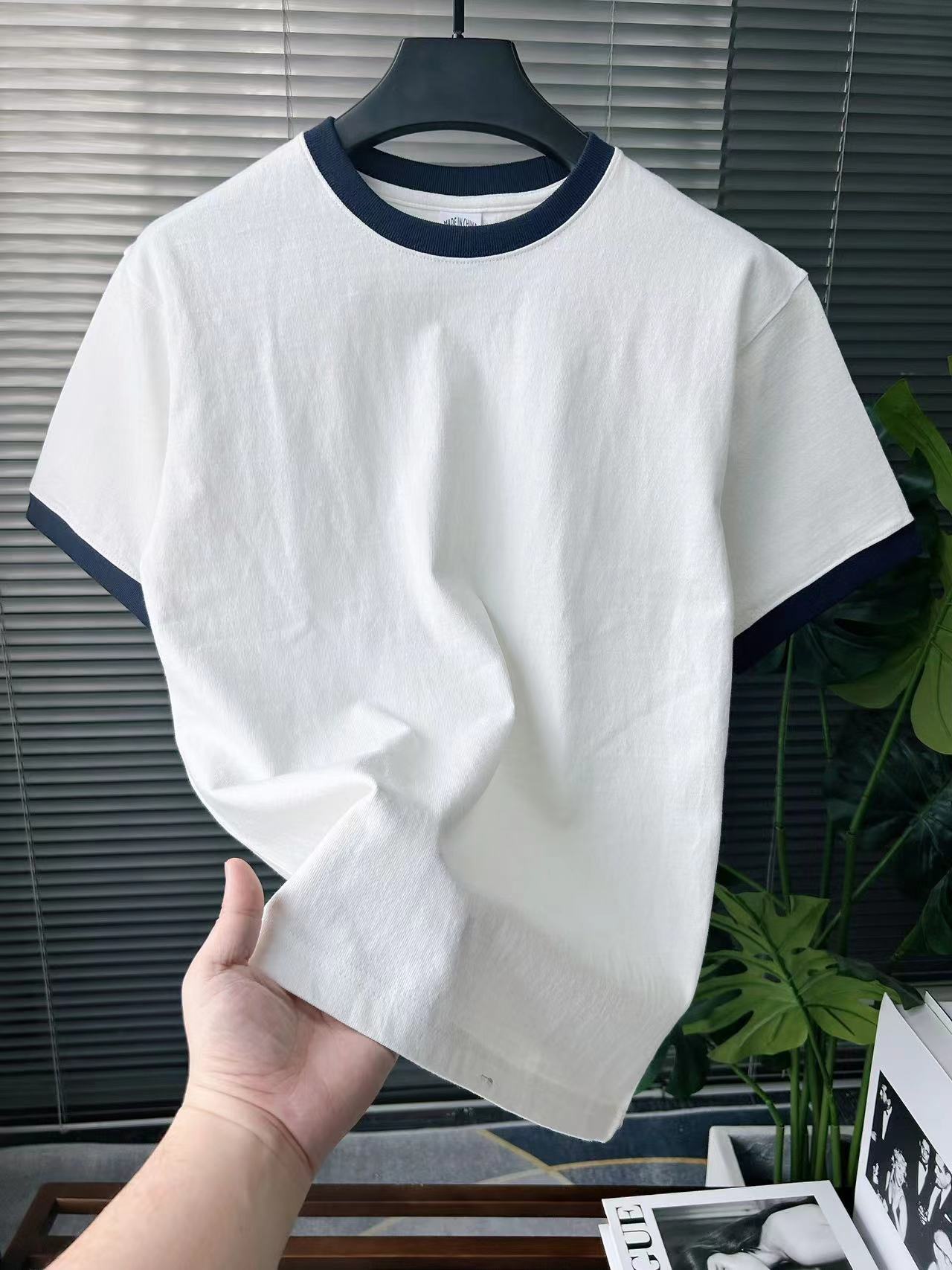 320g美式复古白色阿美咔叽纯棉撞色拼接半袖百搭宽松ins休闲T恤男商品图