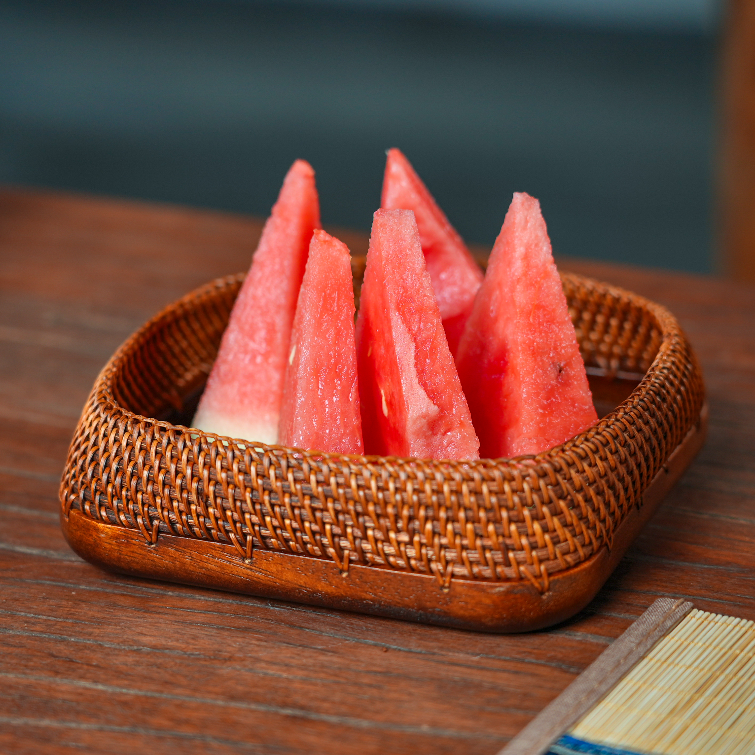 胡桃木果盘水果盘藤编筐干果盒茶道收纳正方形小号