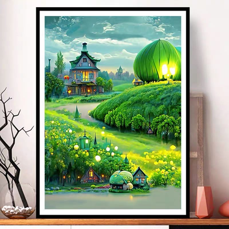 十字绣套件：绿色田野小屋（满绣47色）