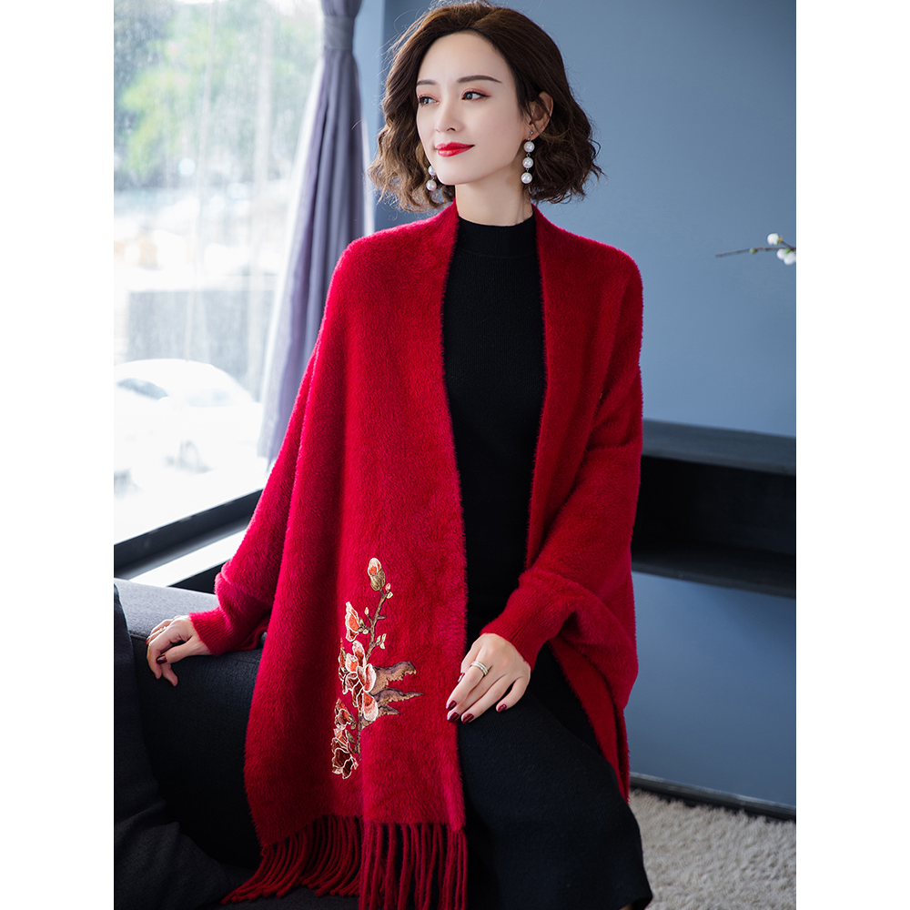 秋冬水貂绒披肩外套刺绣配旗袍外搭毛毛斗篷女冬带袖加厚保暖披风