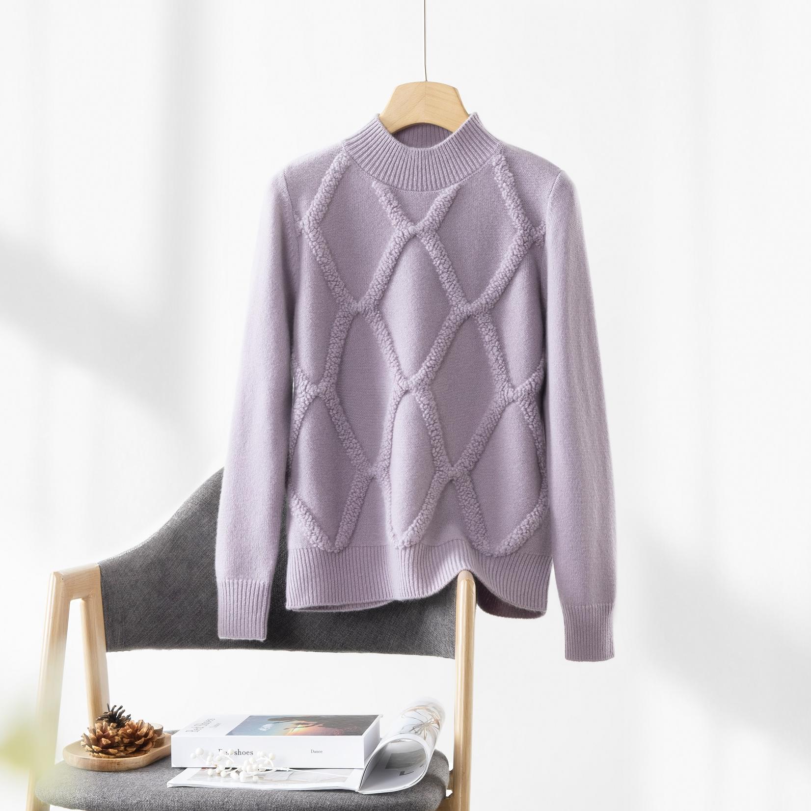 【双股羊毛】数兰朵100%纯羊毛厚款毛巾绣 纯色菱形格半高领打底