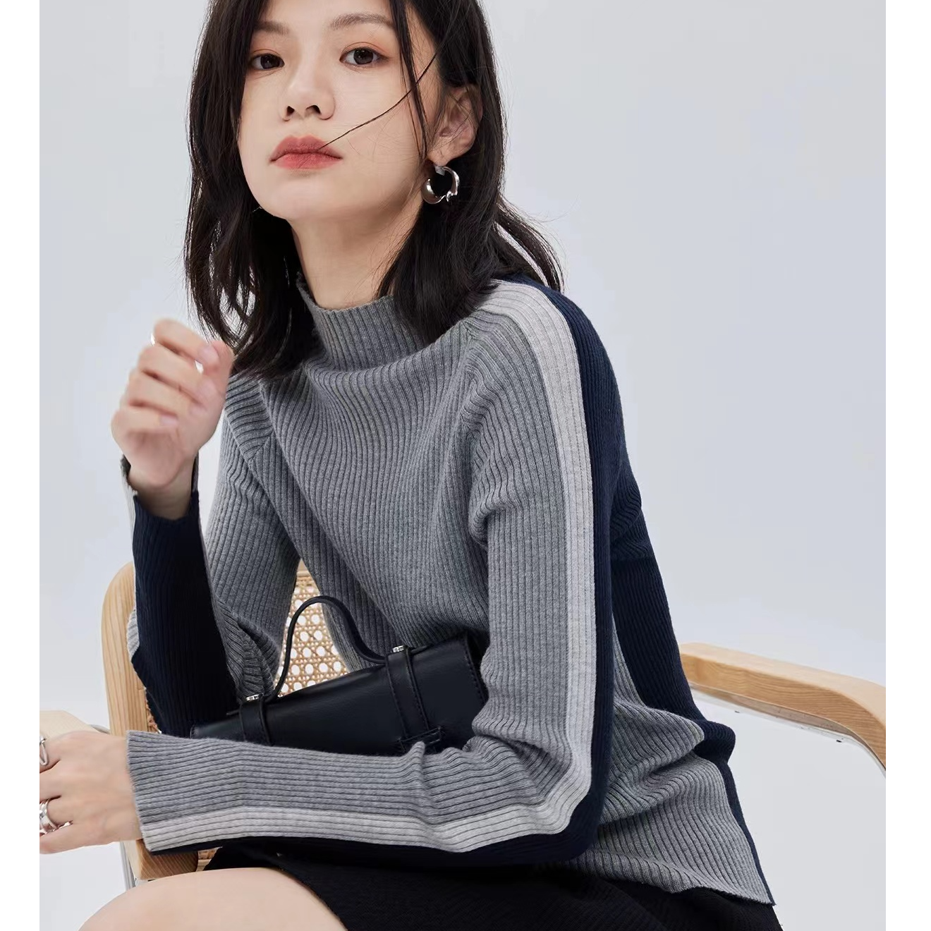 法式撞色拼接条纹上衣2025新款两面穿内搭长袖针织半高领打底衫女