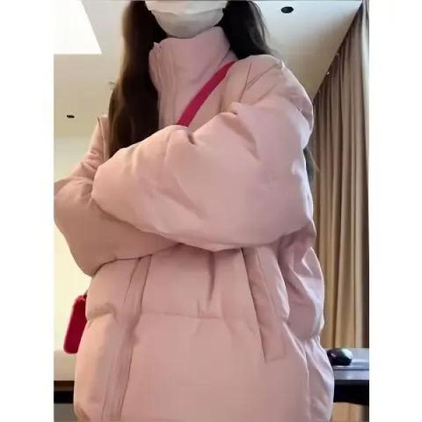 奶呼呼粉色羽服女冬季新款立领韩版宽松加厚软糯糯夹外套潮小个子