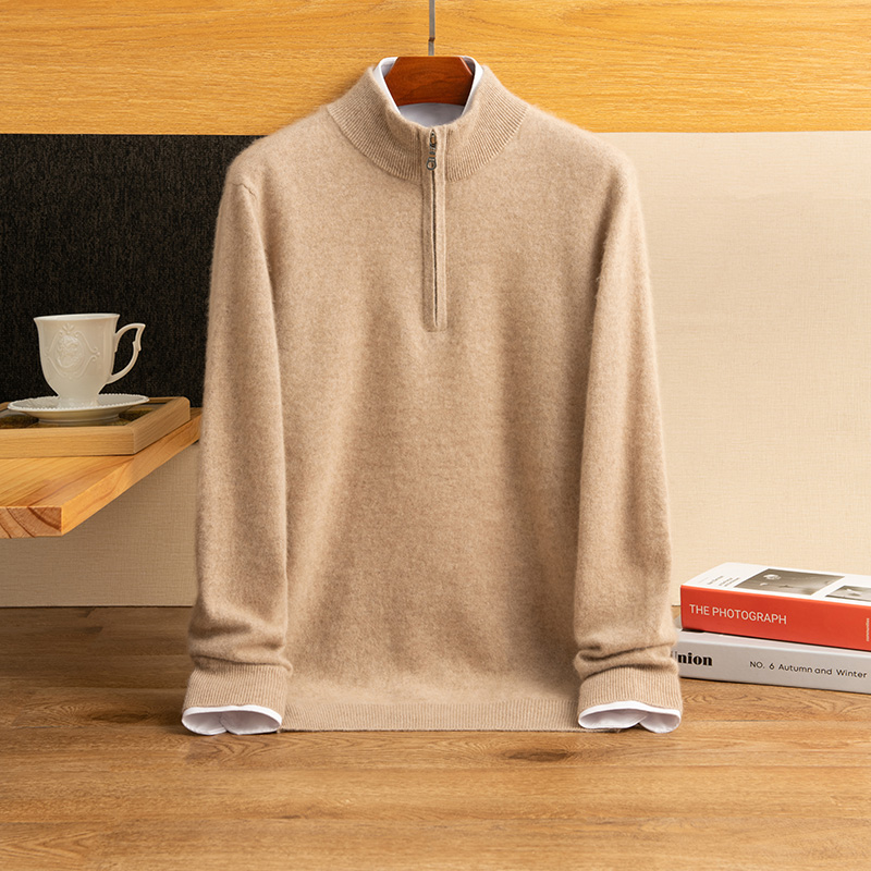 秋冬新款100%纯羊绒衫男半高领拉链打底衫男休闲宽松针织打底上衣