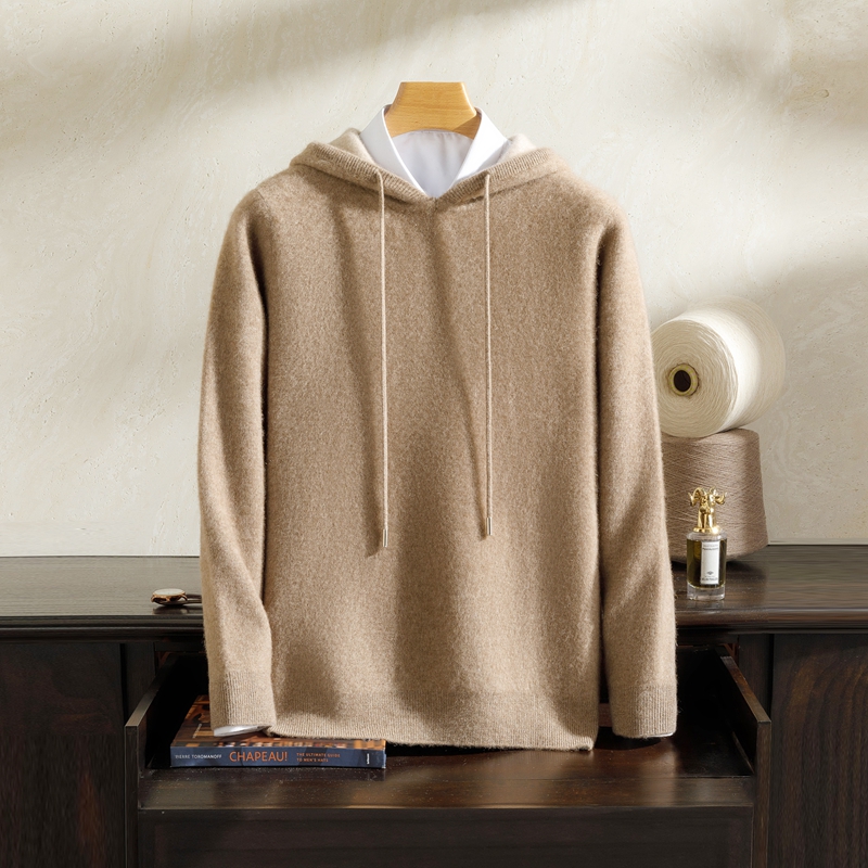 重磅空气层加厚男士纯山羊绒长袖连帽宽松休闲百搭纯色针织套头衫