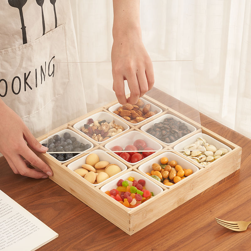 客厅高档干果盒零食盘带盖木质托盘前台点心盘KTV酒吧果盘小吃碟