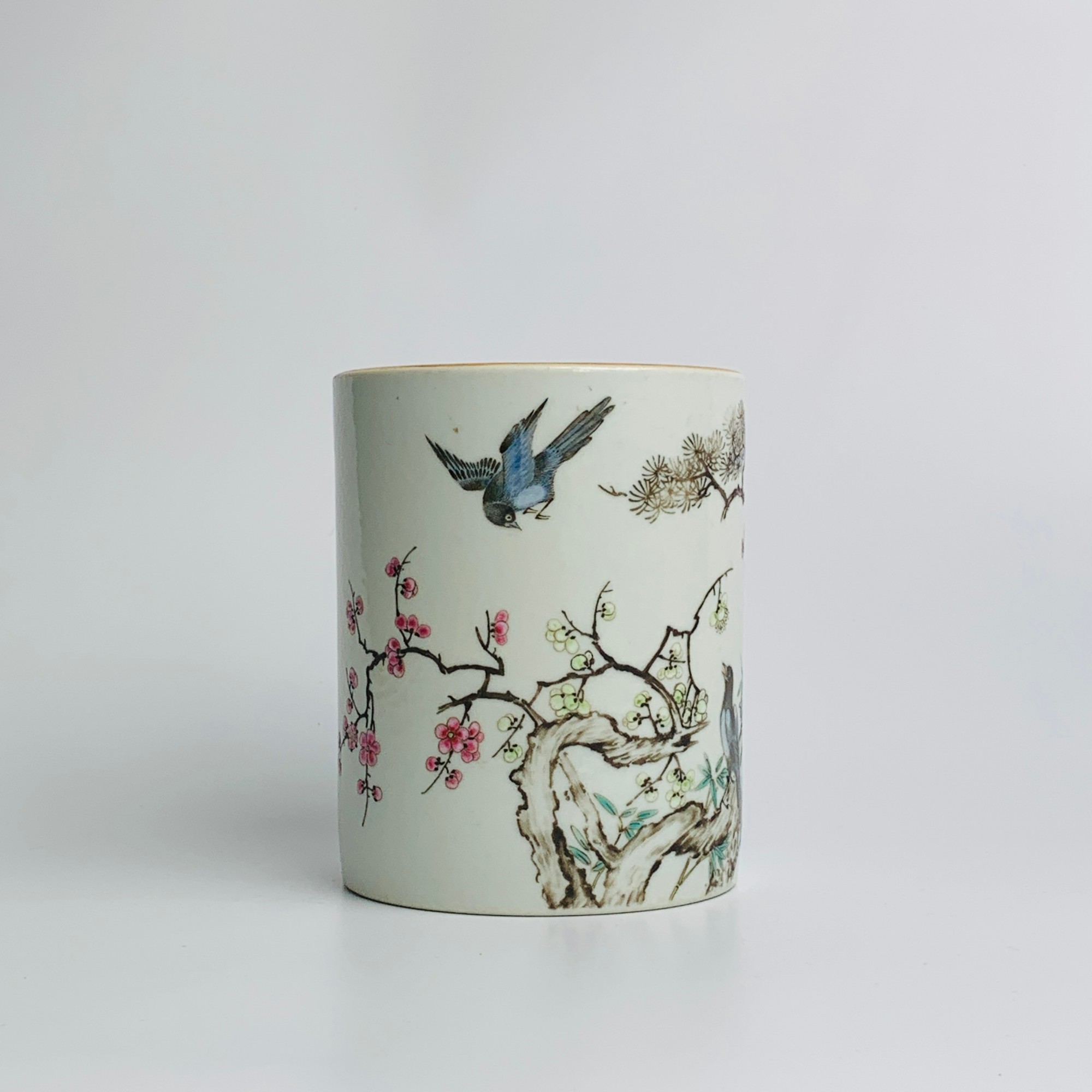 民国・粉彩花鸟诗文笔筒【古董】X20240923633