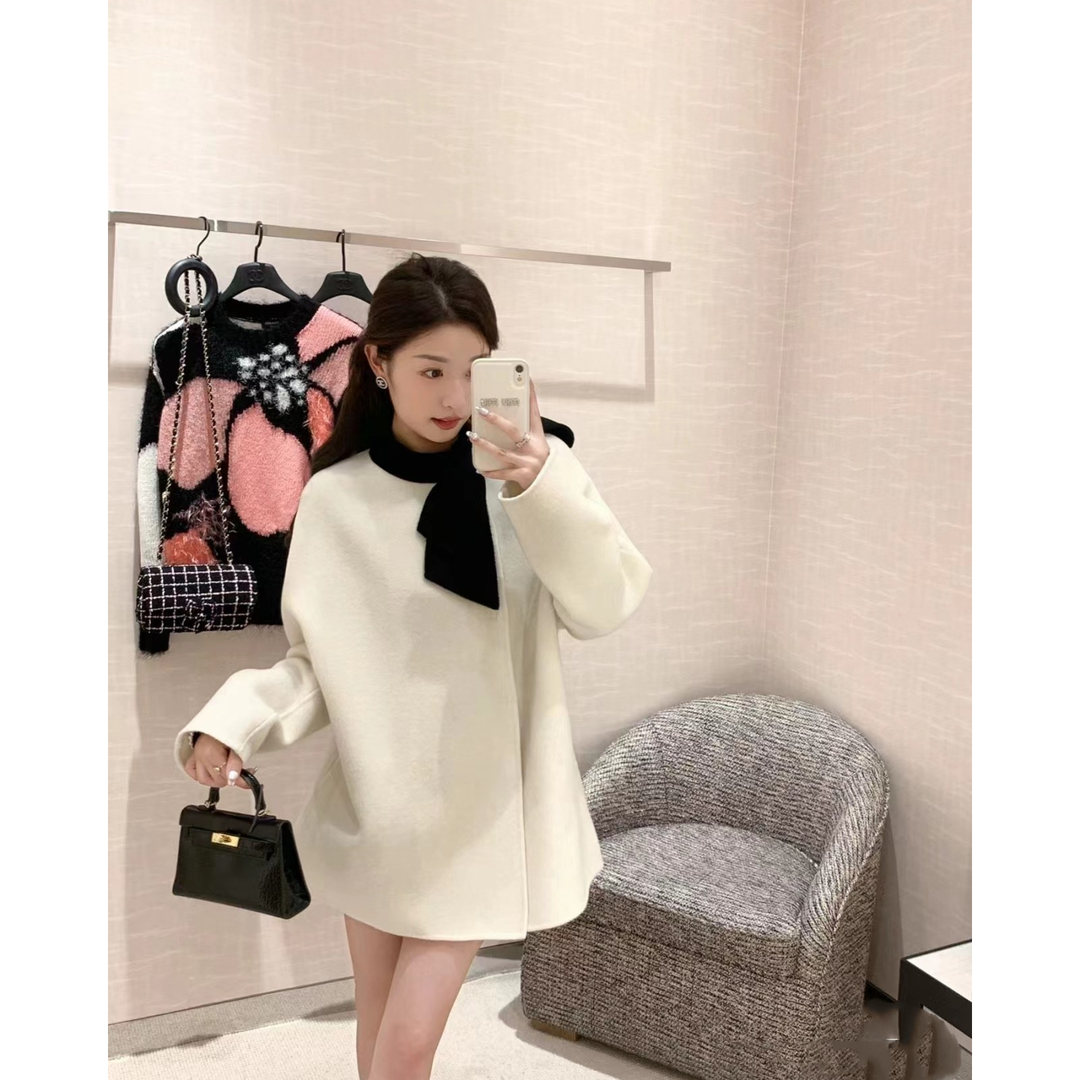 毛呢大衣外套冬季气质韩式高级感蝴蝶结中长款白色加厚双面呢子女