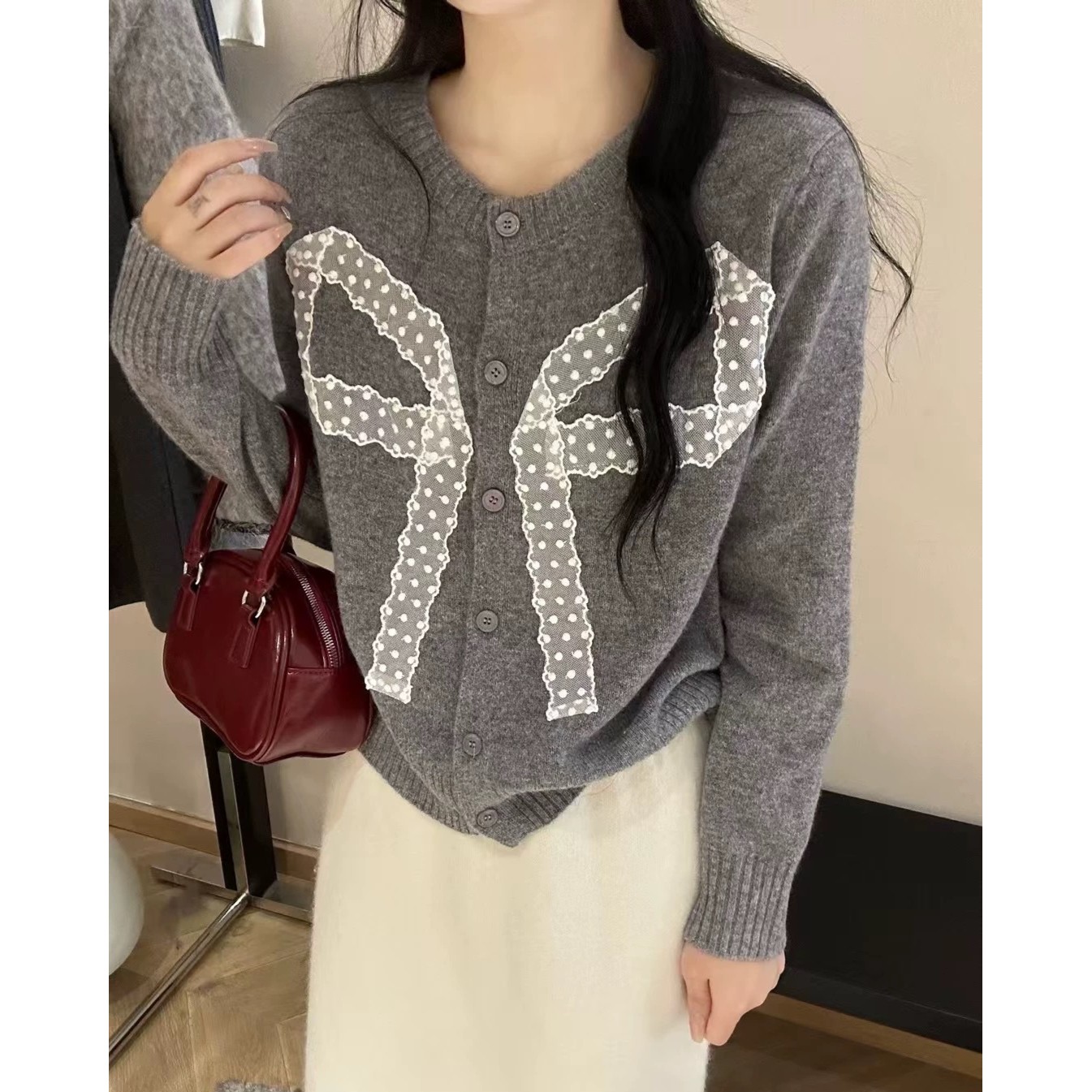 【100全羊毛】冬季新款蕾丝蝴蝶结温柔风羊毛开衫女毛衣【严禁机洗】