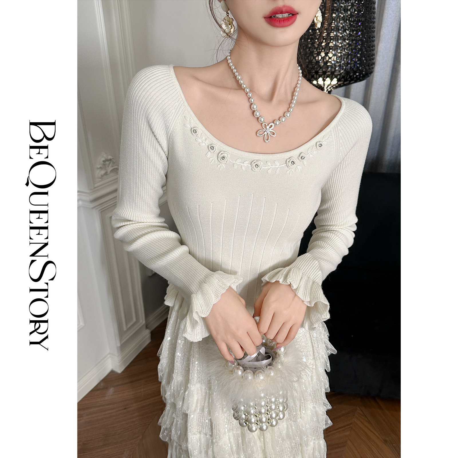 【BANJOUR】【玫瑰花月】上衣轻奢宽领口荷叶边修身毛衣