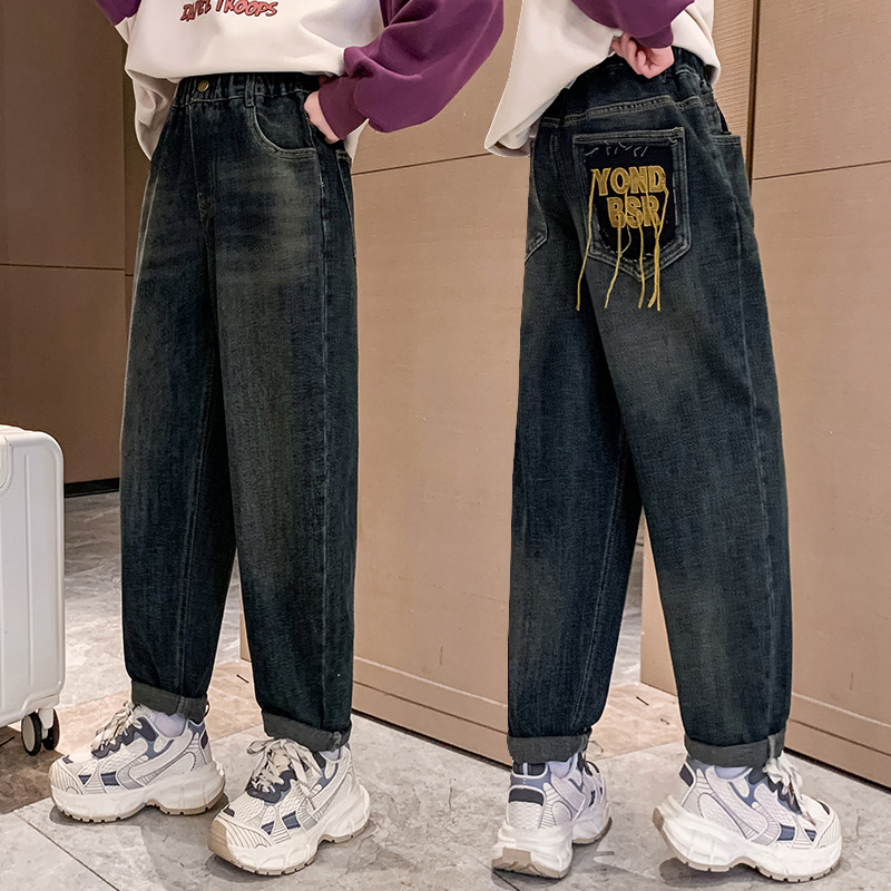 女童牛仔裤2023春秋新款中大童洋气休闲老爹裤儿童春装哈伦萝卜裤