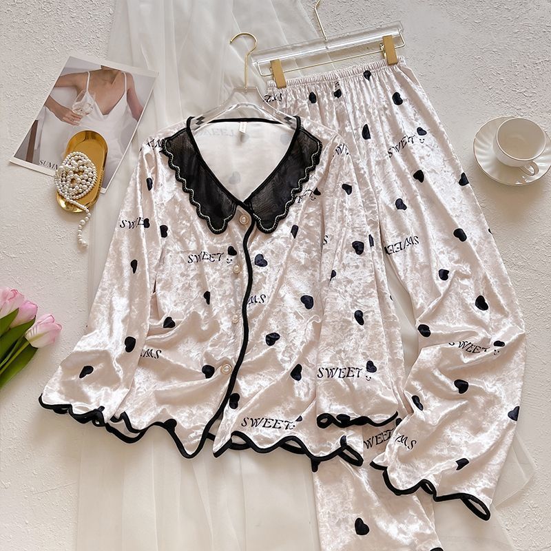 冬季金丝绒睡衣女士长袖长裤套装秋冬加绒宫廷风家居服蕾丝宽松