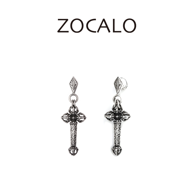 ZOCALO 925银耳饰 双环长十字杵耳坠女士耳钉男个性手工银饰