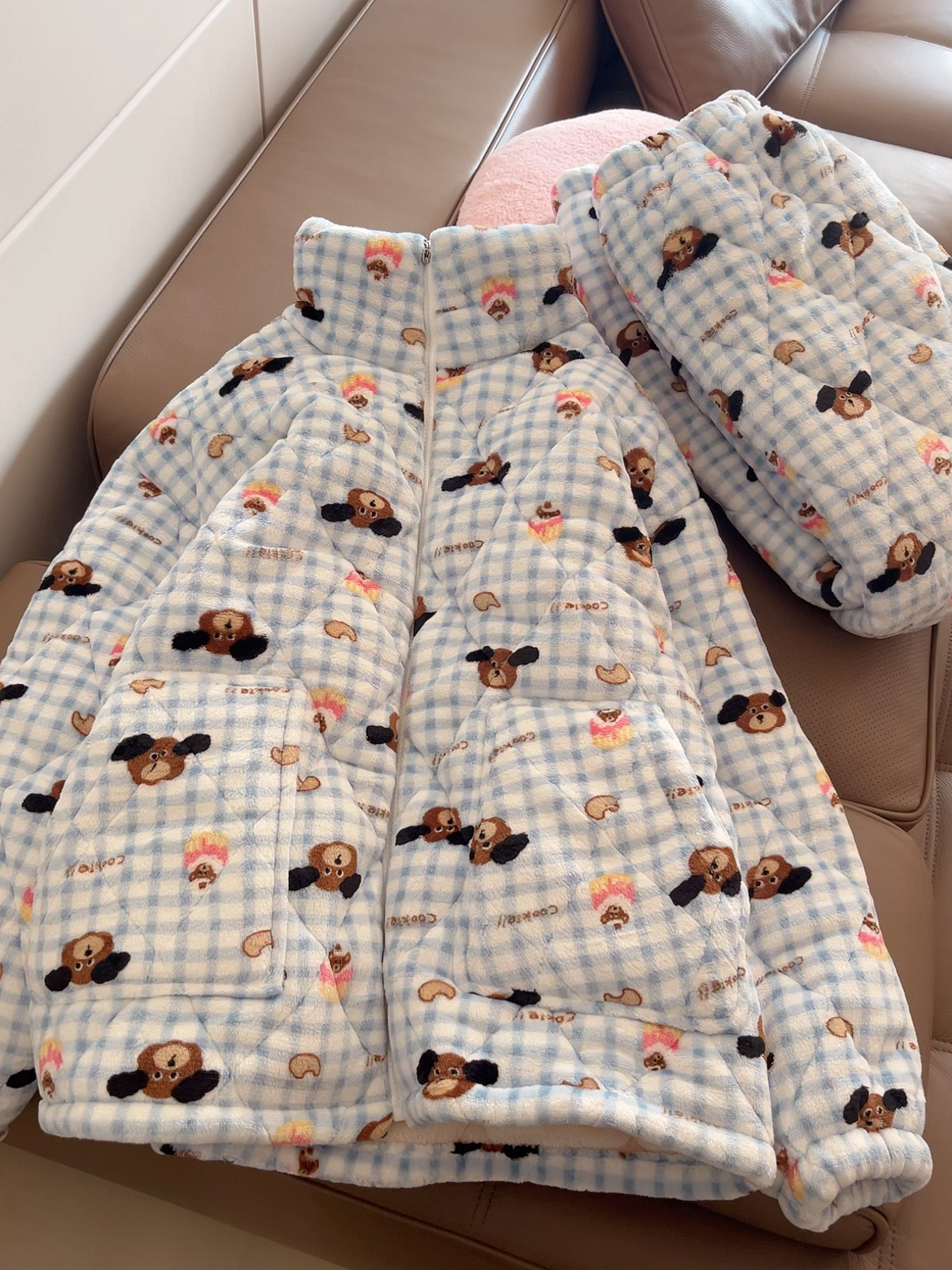 ins风卡通小狗夹棉睡衣女冬季新款三层加绒加厚保暖可外穿家居服