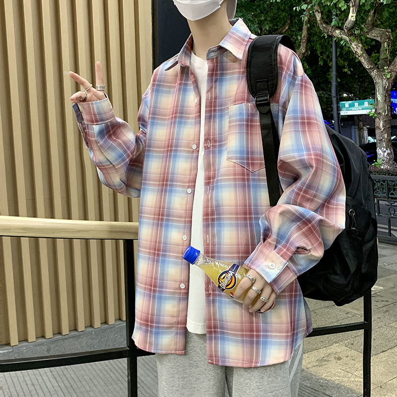 C71男士休闲港风格子秋装长袖衬衫外套文艺青少年学生寸衣开衫