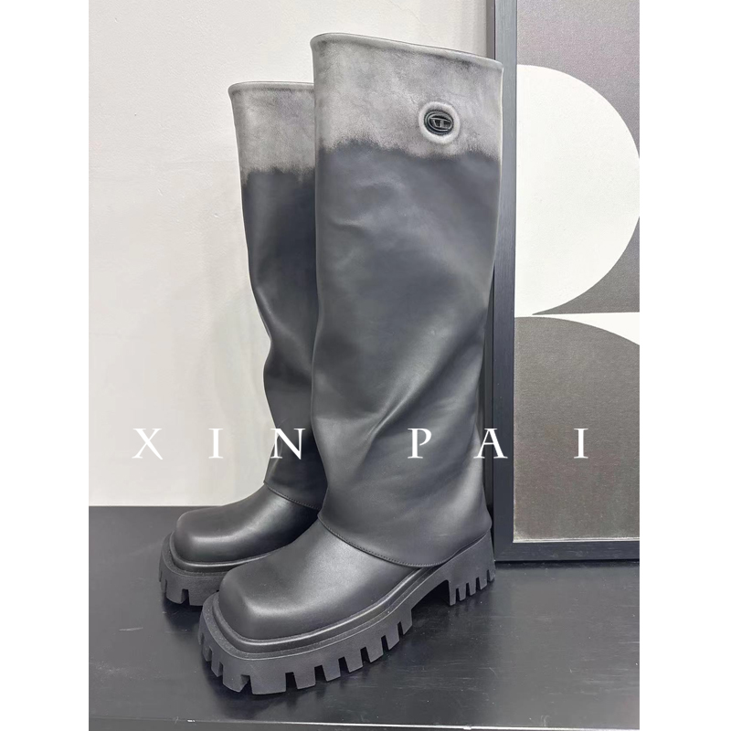 鑫鑫原创2024新款黑色靴子松糕厚底粗跟裤管靴设计时尚百搭高筒靴