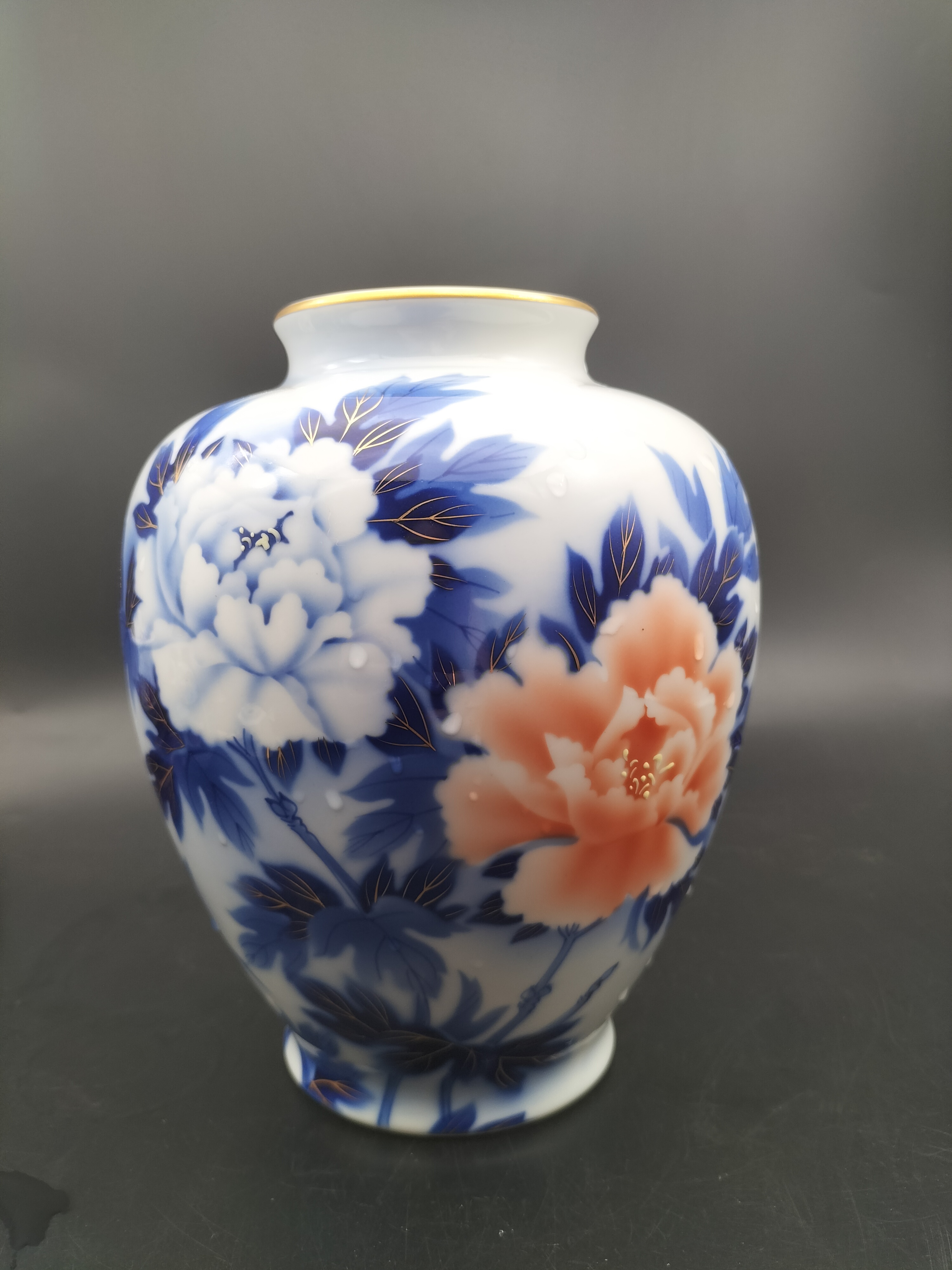 深川牡丹花花瓶01/90手绘纯手工釉下彩中式