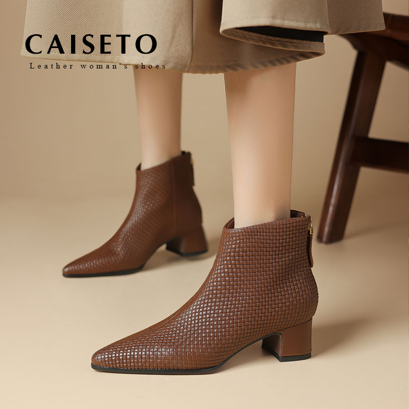 CAISETO牛皮4.5cm款时尚百搭软底粗跟尖头高跟靴中跟女短靴X307