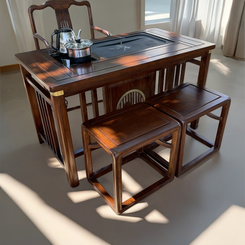 北方老榆木新中式山水茶桌实木家用茶桌椅组合客厅茶室简约小茶台