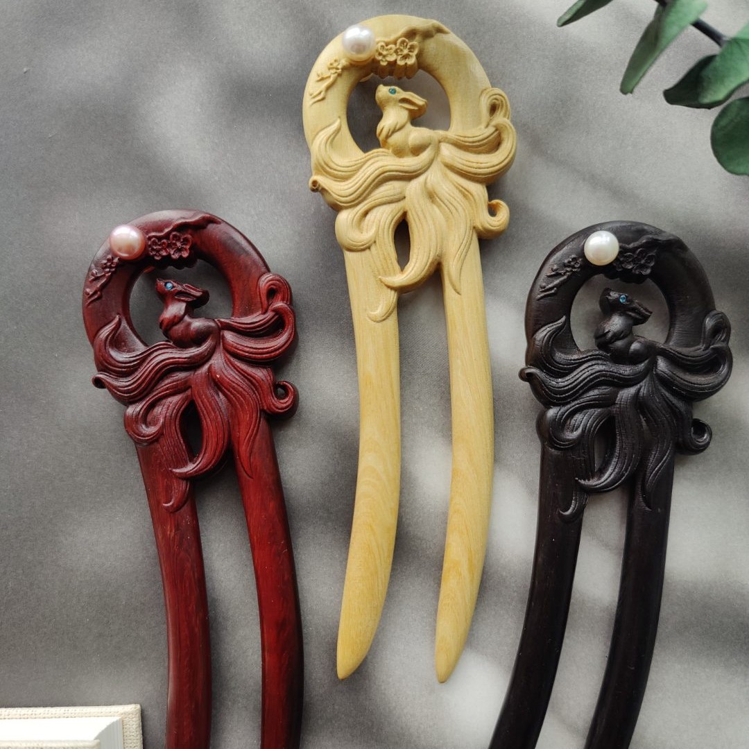 隐木【绥绥白狐】原创设计九尾灵狐大号木簪木钗家居饰品雕刻木头