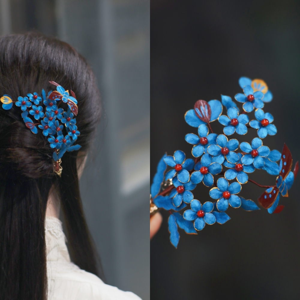 隐木【花海】非遗桑蚕丝绒花点翠色边夹蝴蝶家居饰品摆件日常