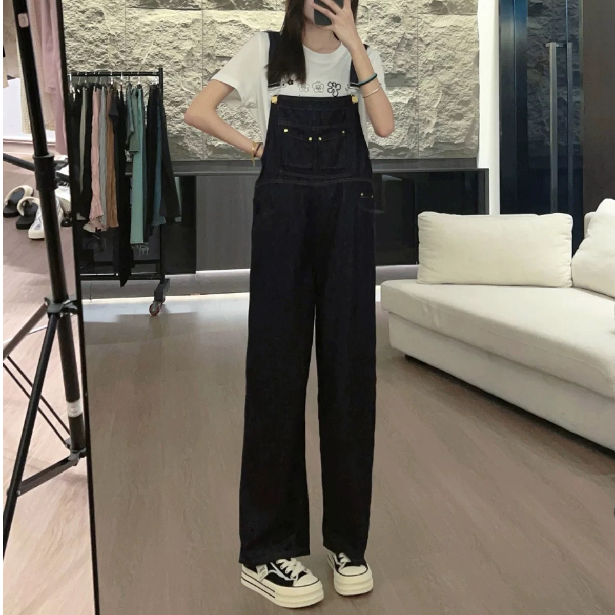 丹宁色背带直筒阔腿长裤夏季新品时尚休闲百搭双肩背带裤 显瘦