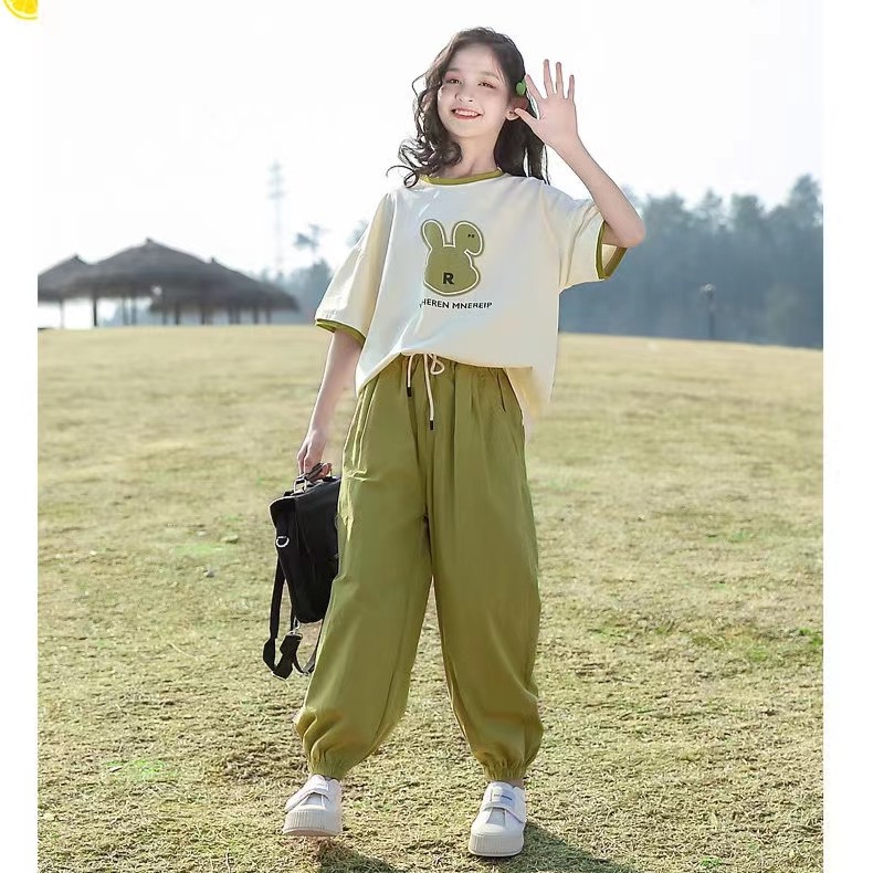 女孩兔子套装中大童夏季韩版卡通短袖两件套网红洋气休闲时髦套装