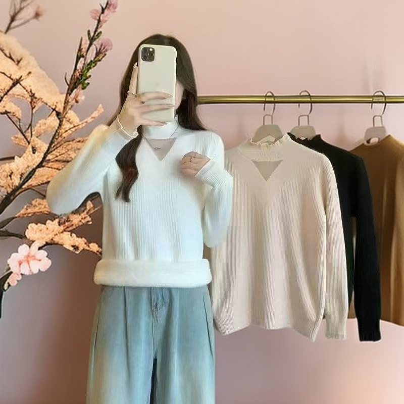 衣狂家--新款半高领镂空长袖针织毛衣打底女上衣