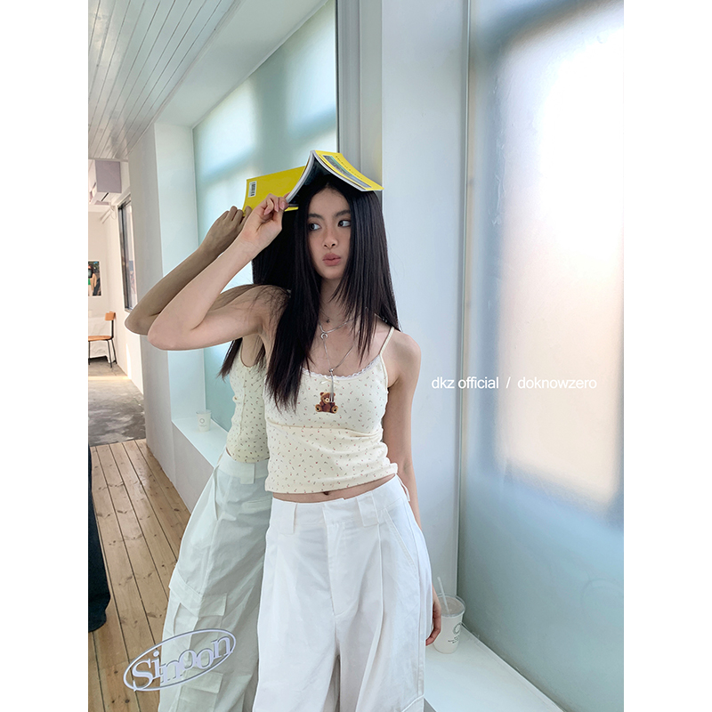 DKZ 蕾丝拼接吊带背心女新款修身内搭小熊印花上衣