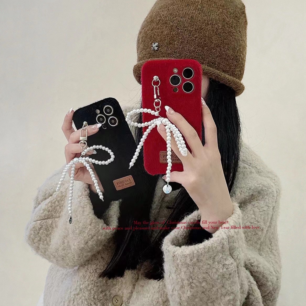 【苹果】iPhone15/14Promax简约ins绒布珍珠蝴蝶结挂饰防摔女手机壳