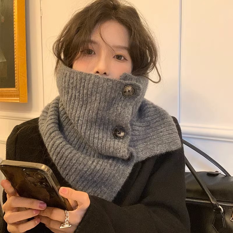 防风保暖围脖套帽脖套女冬季围巾韩版纯色保暖护颈针织披肩