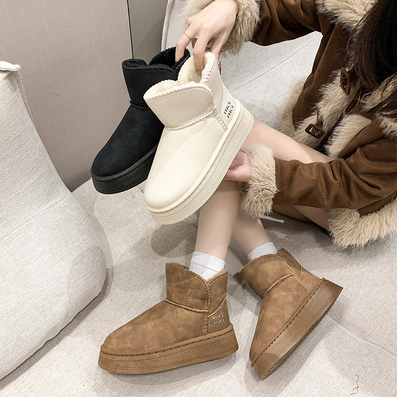 桑坡雪地靴女皮毛一体中筒靴子女冬加绒短靴防滑一脚蹬东北大棉鞋