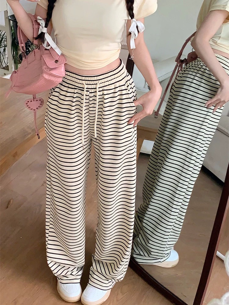 董小姐/6612 条纹抽绳垂感休闲直筒长裤宽松高腰阔腿