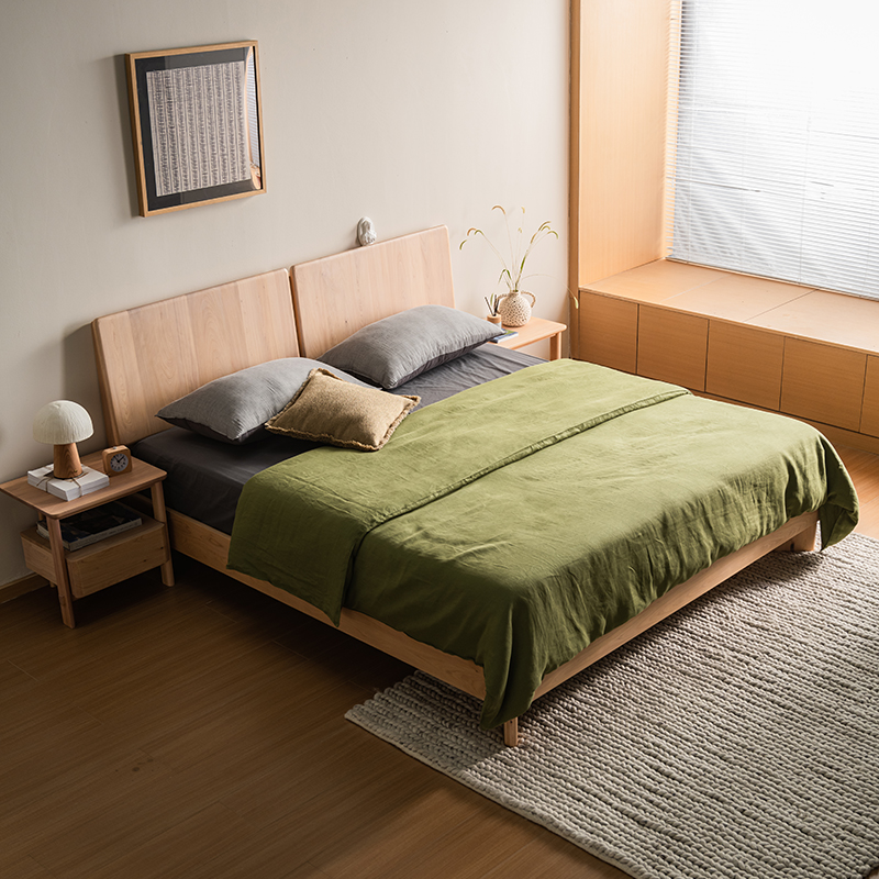 7908实木大床原木风简约特战极简床头可储物原木色原木实木床主卧